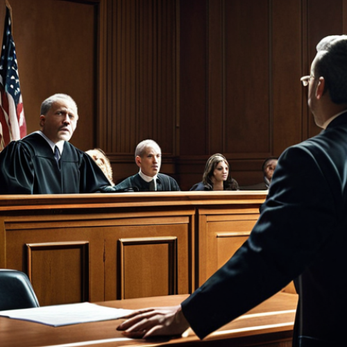 **

A courtroom scene with a lawyer passionately defending their client. The lawyer is standing, gesturing towards the jury, while the client sits anxiously. In the background, a judge presides over the proceedings. Emphasize the importance of legal representation and the fight for justice. Style: Realistic, dramatic lighting.

**