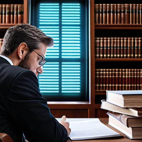 **Image Prompt:** A lawyer thoughtfully evaluating options for a new legal specialization, surrounded by books and documents, with a subtle technological element like a glowing screen in the background. Emphasize a sense of ambition and career transition.