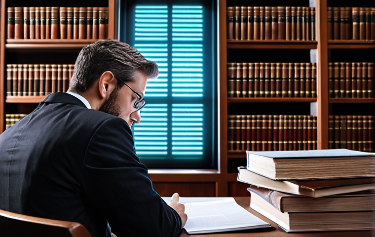 **Image Prompt:** A lawyer thoughtfully evaluating options for a new legal specialization, surrounded by books and documents, with a subtle technological element like a glowing screen in the background. Emphasize a sense of ambition and career transition.