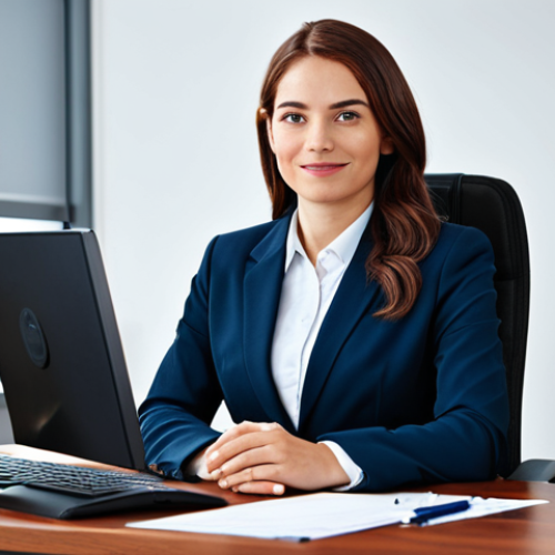 ** "A professional businesswoman in a modest business suit, sitting at a desk in a modern office, fully clothed, appropriate attire, safe for work, perfect anatomy, natural proportions, professional photography, high quality."

**