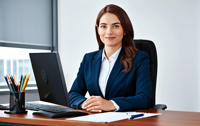 ** "A professional businesswoman in a modest business suit, sitting at a desk in a modern office, fully clothed, appropriate attire, safe for work, perfect anatomy, natural proportions, professional photography, high quality."
**