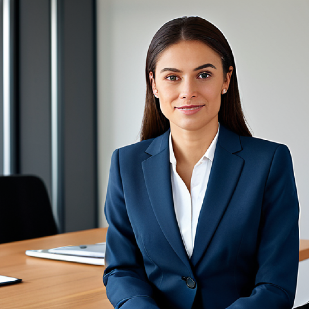 Professional businesswoman in a modest business suit, sitting at a desk in a modern office, fully clothed, appropriate attire, safe for work, perfect anatomy, natural proportions, professional photography, high quality.