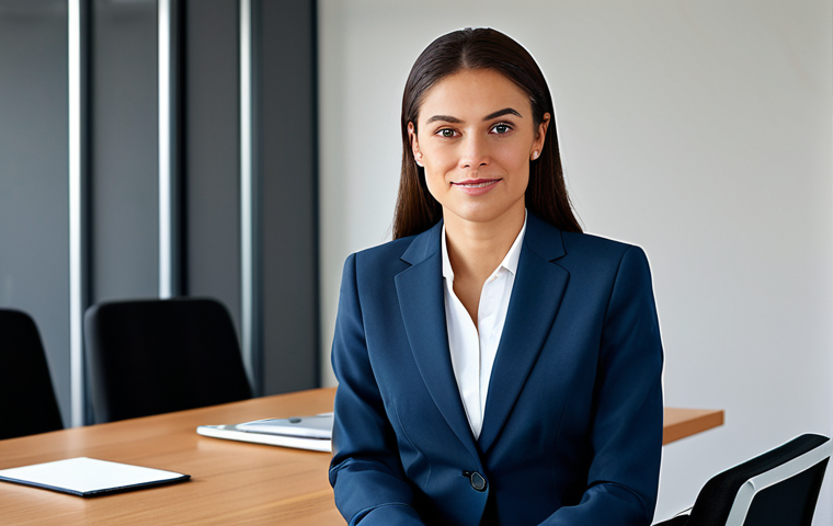 Professional businesswoman in a modest business suit, sitting at a desk in a modern office, fully clothed, appropriate attire, safe for work, perfect anatomy, natural proportions, professional photography, high quality.