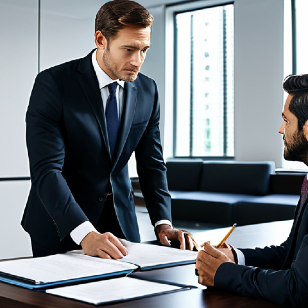 변호사와 법률 자문 프로젝트 - **Prompt:** "A professional lawyer in a modest, dark suit, consulting with a client in a modern offi...