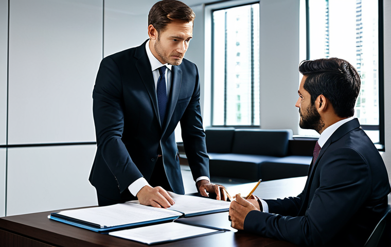 변호사와 법률 자문 프로젝트 - **Prompt:** "A professional lawyer in a modest, dark suit, consulting with a client in a modern offi...