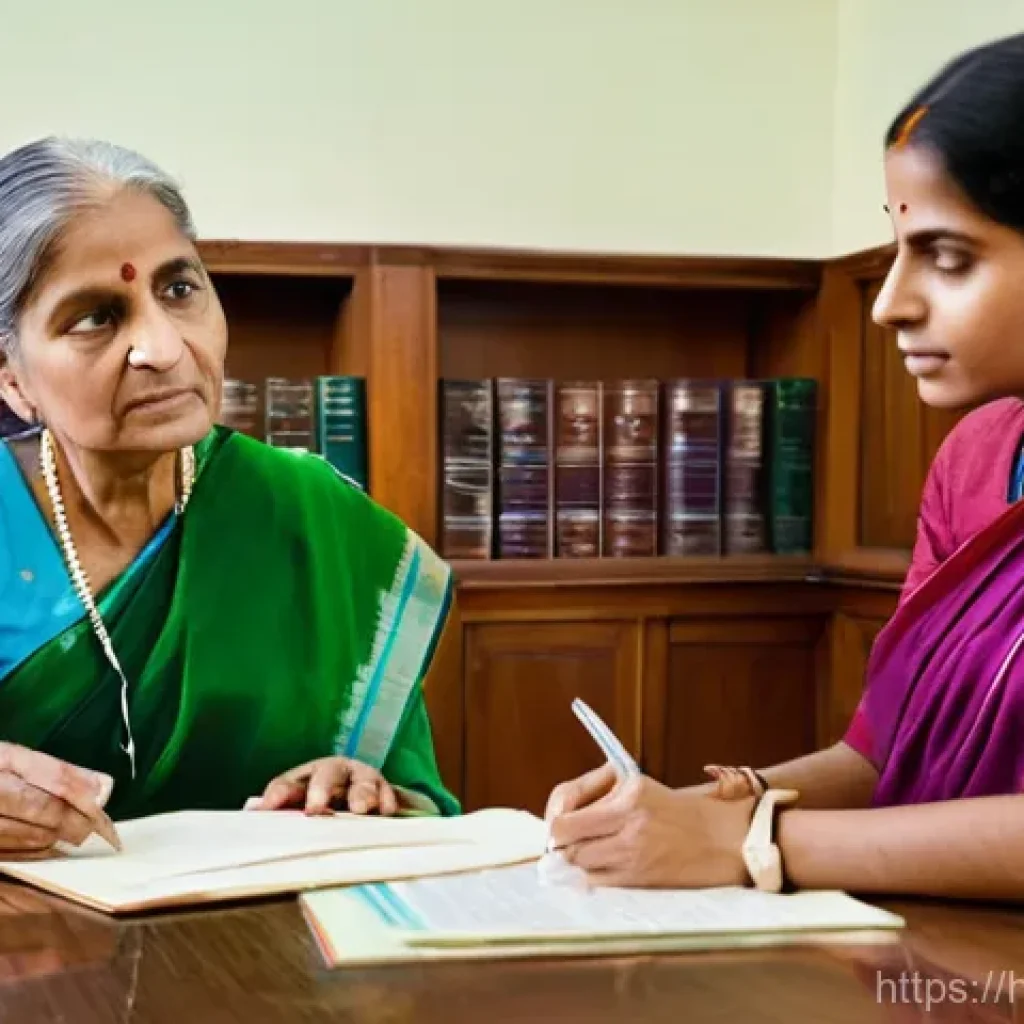 변호사로서의 공익 활동 사례 - **Prompt:** A compassionate female lawyer, dressed in professional business attire, sits across a wo...