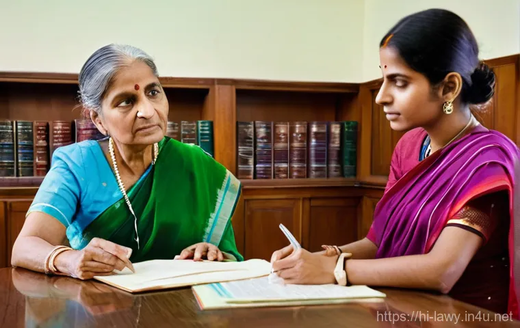 변호사로서의 공익 활동 사례 - **Prompt:** A compassionate female lawyer, dressed in professional business attire, sits across a wo...