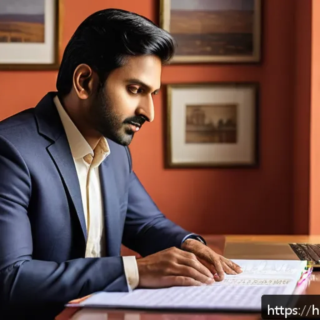 변호사 경력 전환 성공 사례 - A professional Indian man in his early 30s, dressed in formal business attire, thoughtfully reviewin...