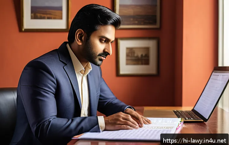 변호사 경력 전환 성공 사례 - A professional Indian man in his early 30s, dressed in formal business attire, thoughtfully reviewin...