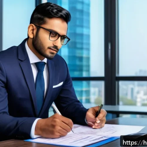 변호사 연봉협상 팁 - A professional Indian man in his early 30s, dressed in a smart formal suit and glasses, confidently ...