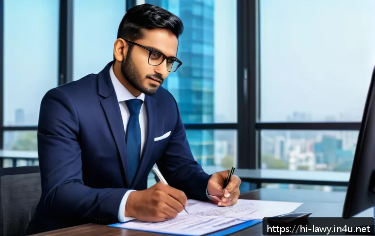 변호사 연봉협상 팁 - A professional Indian man in his early 30s, dressed in a smart formal suit and glasses, confidently ...