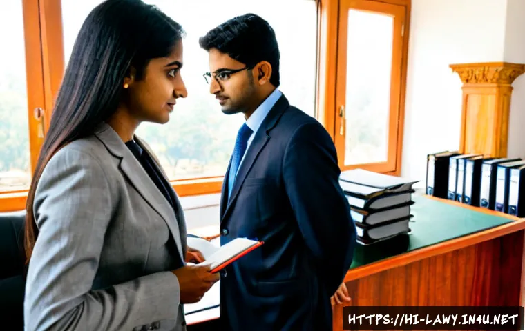 변호사 실무 수습 경험담 - Photorealistic young Indian law trainee in professional business attire observing a senior lawyer du...