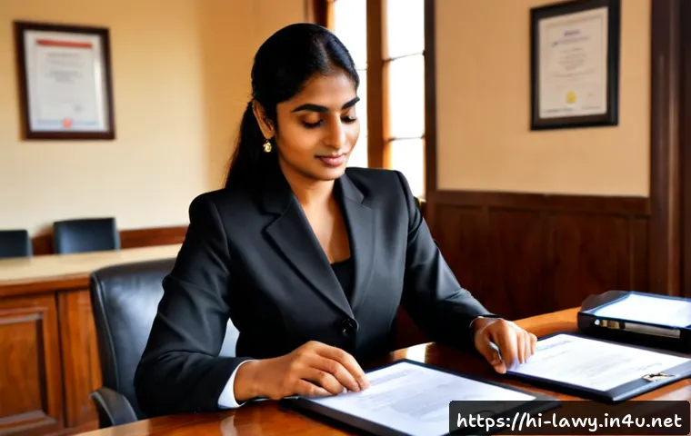 변호사로서의 전문직 성장 사례 - Photorealistic Indian female lawyer in a tailored black court suit, confidently reviewing a neatly o...