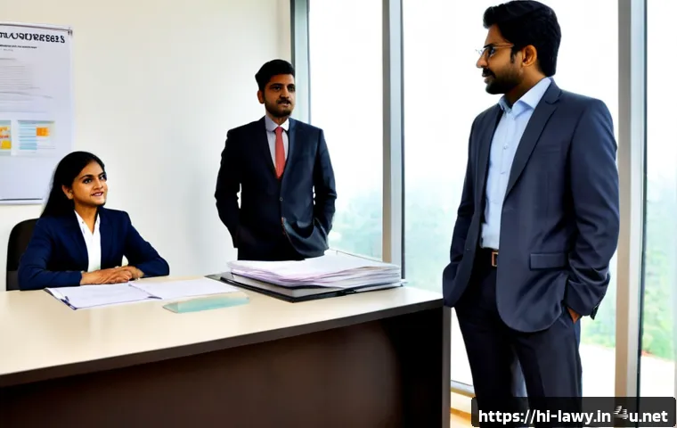 Home 17 변호사 이직 시장 트렌드 - Photorealistic modern Indian law office, confident South Asian lawyer in formal business attire stan...